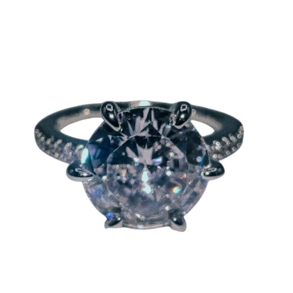 Silver Tone Cubic Zirconia Round Cut Engagement Ring - Picture 3 of 5